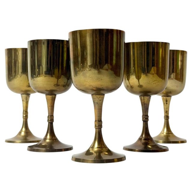 Vintage Brass Wine Goblets with Worn Silvered Interiors, 1960s, Set of 5 For Sale - Image 13 of 13