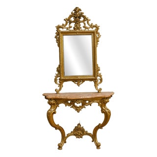 Louis XV Style Curved Castle Console and Mirror in Gilded and Silvered Wood For Sale