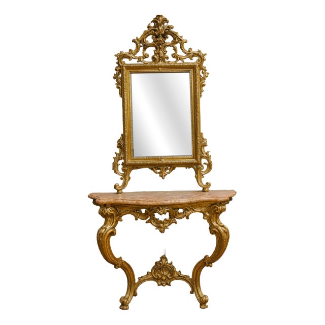 Louis XV Style Curved Castle Console and Mirror in Gilded and Silvered Wood For Sale