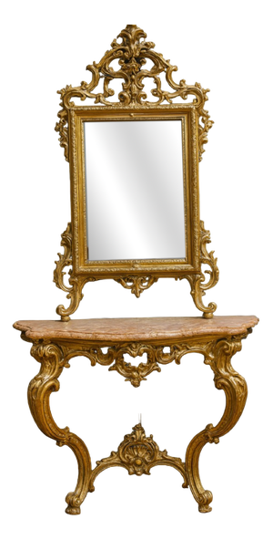 Louis XV Style Curved Castle Console and Mirror in Gilded and Silvered Wood