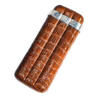 Handsome English Cigar Case Antique Leather Sterling Silver Tobacciana For Sale