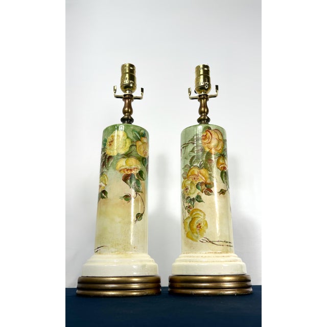 1939 Loevsky & Loevsky Hand-Painted Floral Cylinder Lamps - a Pair For Sale In Houston - Image 6 of 12