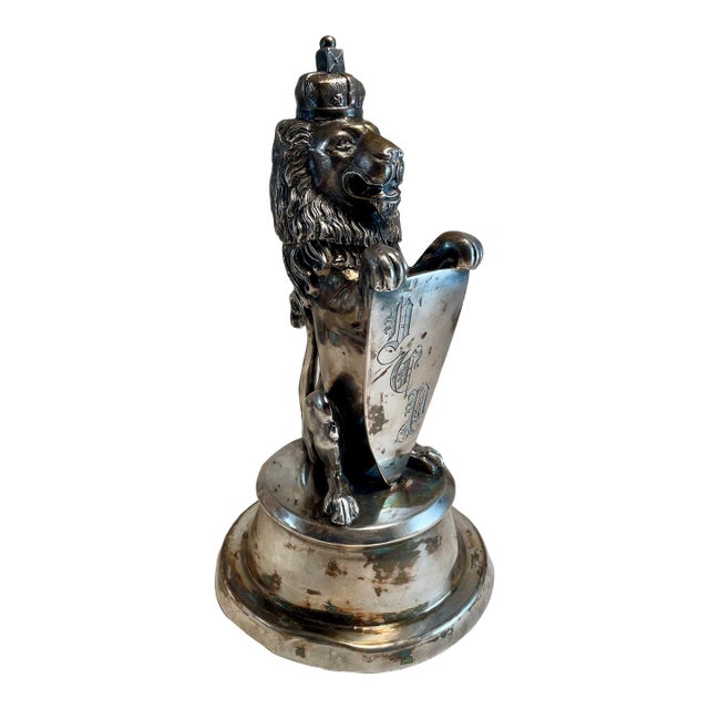 19th C English Silver Plate Figural Crown Lion Shield Ink Well Inkwell Holder For Sale