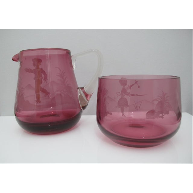 Victorian Mary Gregory Czech Red Glass Enamel Figural Painted Creamer Pitcher & Sugar Bowl For Sale - Image 3 of 16