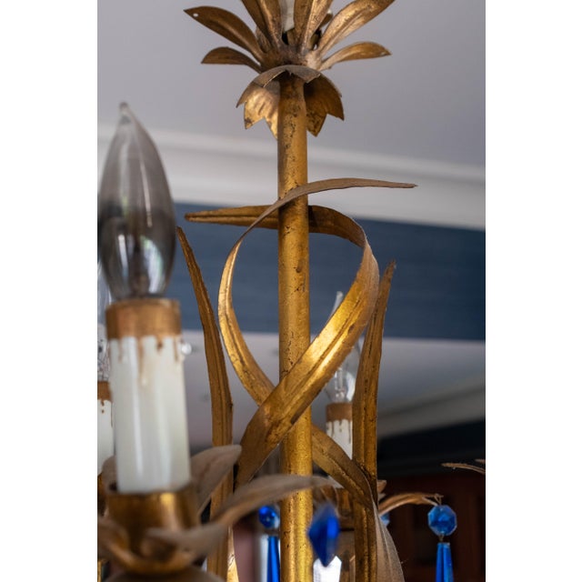 Pair of Vintage Italian Toleware Chandeliers W/ Blue Prisms For Sale - Image 10 of 18