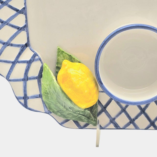 Italian Lemon Ceramic Serving Tray With Blue Lattice Rim 15" For Sale In San Francisco - Image 6 of 14