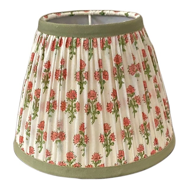 Shirred Blockprint Lamp Shade With Tape Trim For Sale
