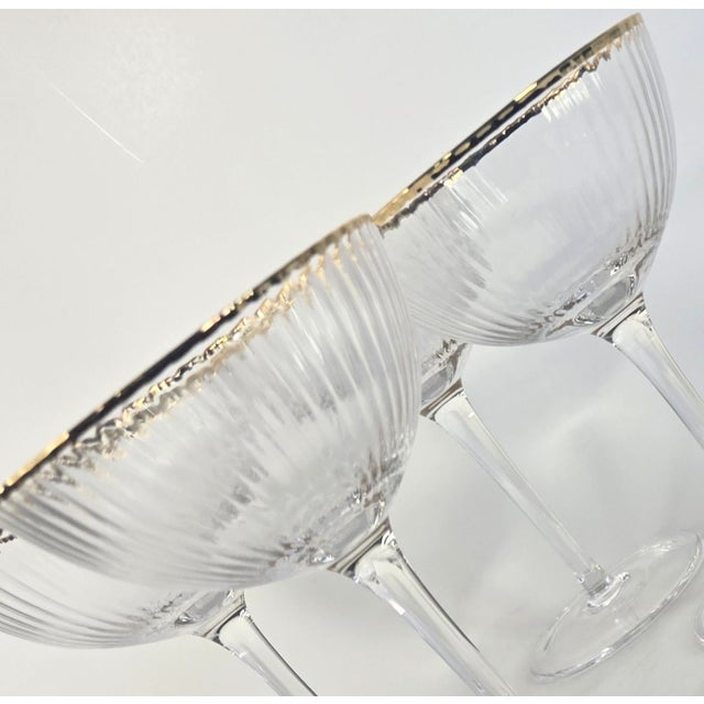 Art Nouveau Mid 20th Century Gold Rimmed Ridged Hollywood Regency Champagne Coupes- Set of Four For Sale - Image 3 of 12
