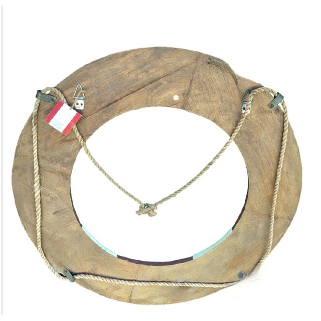 1990s Vintage Huge Coastal Maroon Cream Distressed Carved Wood Life Saver Raft Wall Decor by Lane Furniture For Sale - Image 5 of 7