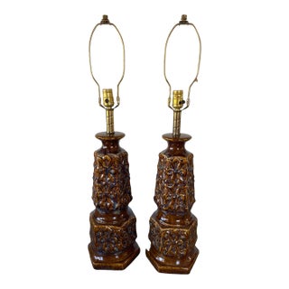 Vintage Large Ceramic Brown Drip-Glazed Retro Pottery Table Lamps - a Pair For Sale
