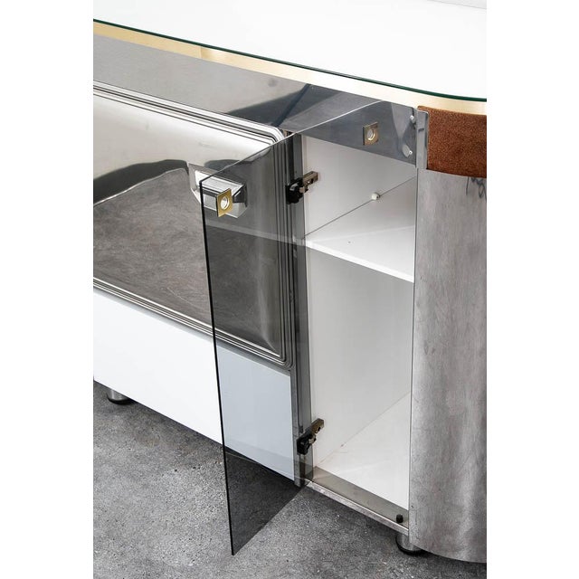 Silver Mid Century Modern Bar Cabinet Mirrored 1970s Fridge Italy Willy Rizzo Suede MCM For Sale - Image 8 of 10