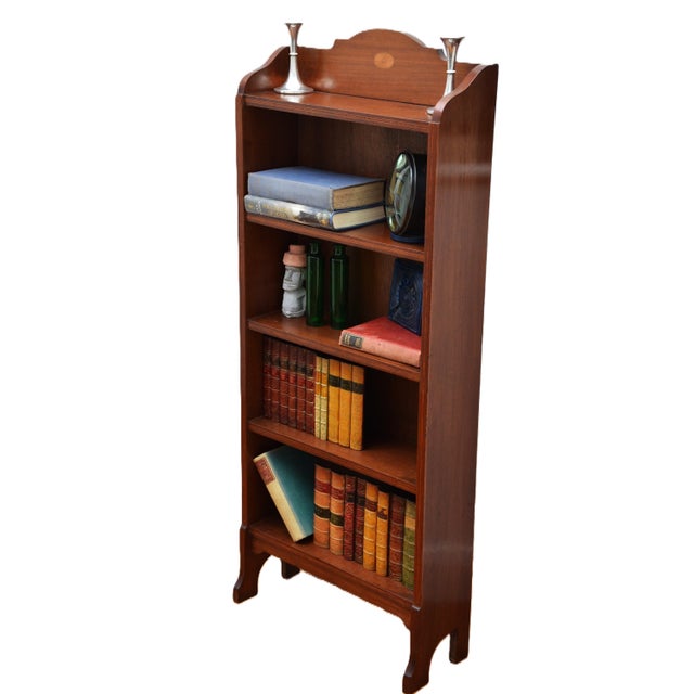 Slim Mahogany and Inlaid Open Bookcase, 1900s For Sale - Image 14 of 17