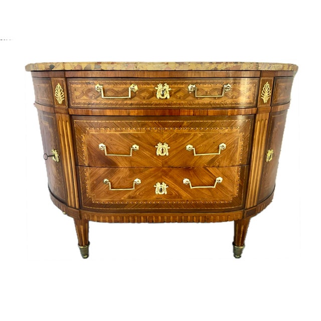French Louis XVI Marble Top Inlaid Commode For Sale - Image 4 of 16