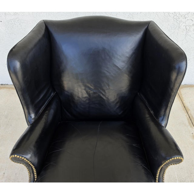 Classic Georgian Chippendale Black Leather Wingback Library Gentlemans Armchair For Sale - Image 9 of 16