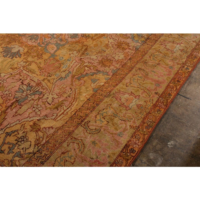 Textile Antique Oushak Rug Gold and Pink 19th Century Floral Pattern For Sale - Image 7 of 8