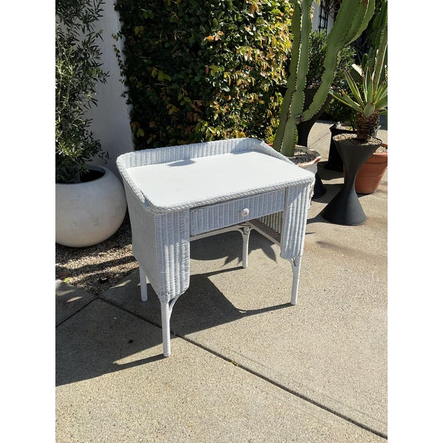 Vintage White Wicker Writing Desk / Vanity Table With Drawer For Sale - Image 4 of 15
