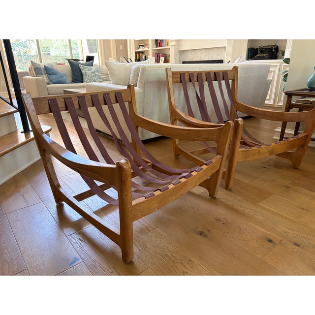 Pair of Vintage Ercol English Lounge Chairs With Brown Webbing Sling Seats Made in England For Sale - Image 4 of 16
