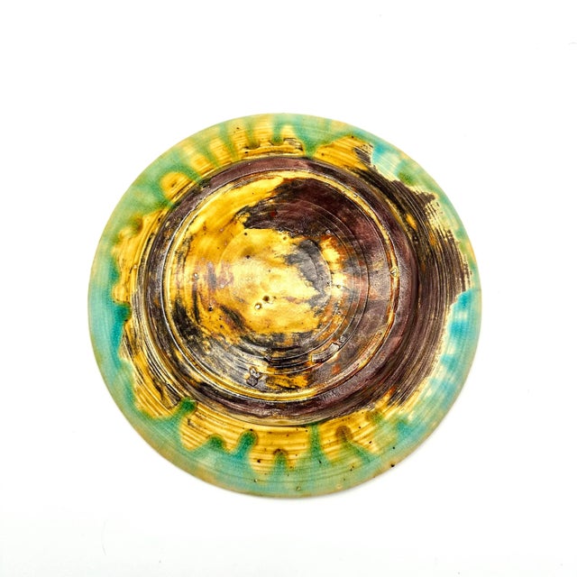 Early 21st Century Studio Pottery Sage Leaves Majolica Decorative Plate Green & Blue For Sale - Image 4 of 4