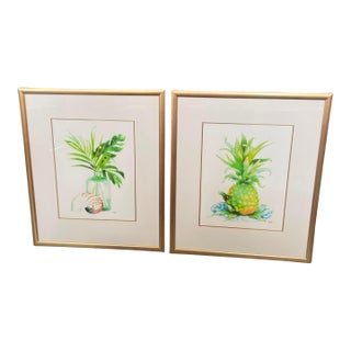 A Pair of Vintage Framed Tropical Botanical Watercolor Style Prints For Sale