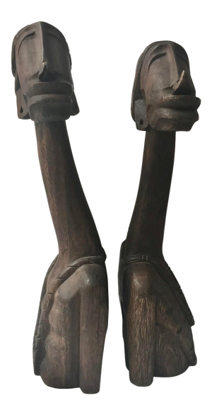 1960s African Modernist Hand-Carved Wood Long-Neck Busts – Pair