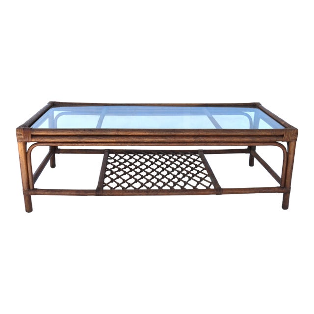 Vintage Rectangular Double Tier Rattan and Glass Coffee Table Attributed to Ficks Reed For Sale