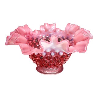 Mid 20th Century Fenton Cranberry Opalescent Hobnail Ruffled Chandelier Glass Shades For Sale
