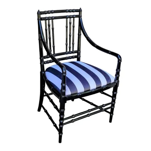 1950s Antique Faux Bamboo Armchairs in Black Lacquer and Striped Velvet Upholstery - Set of 2 For Sale - Image 11 of 13