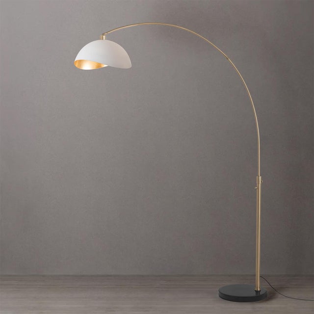Mid-Century Modern 1960s 92" Adjustable White and Gold Mid Century Floor Lamp - Modern Arc Lamp, Weathered Brass, Dimmable, Black Marble Base For Sale - Image 3 of 5