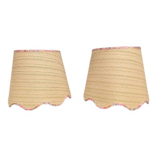 Scalloped Raffia Ditzy Floral Trim Lamp Shades- A Pair For Sale