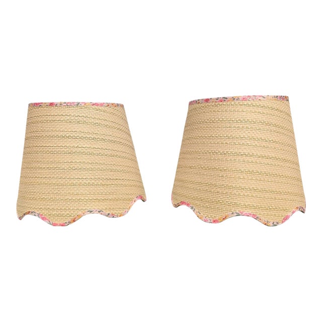 Scalloped Raffia Ditzy Floral Trim Lamp Shades- A Pair For Sale