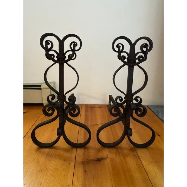Lovely unique filligree andirons all original impressive size with swirls and curls the perfect accent for your fireplace