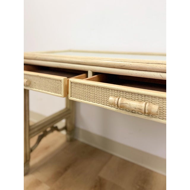Hollywood Regency Vintage Ficks Reed Style Faux Bamboo Petite Desk With Drawers Wicker Coastal MCM For Sale - Image 3 of 13