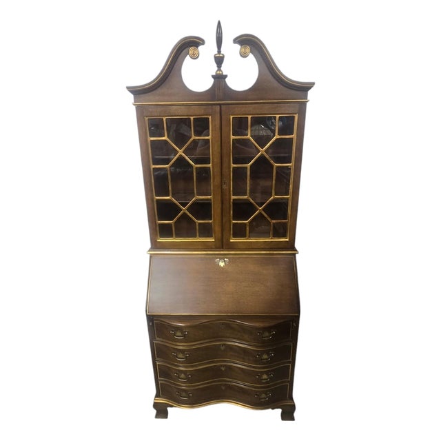 Vintage Chippendale-Style Serpentine Secretary Desk & Bookcase For Sale