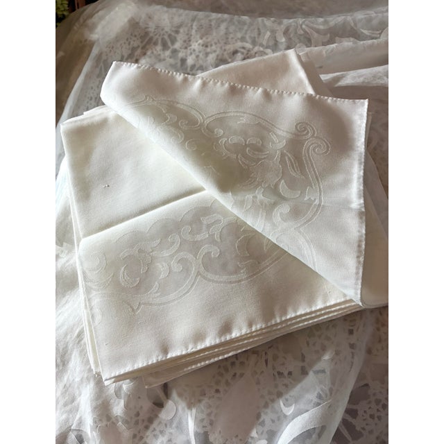 French Country Vintage White Damask - Organza Napkin Set of 7 Woven Floral and Scroll Pattern White For Sale - Image 3 of 12