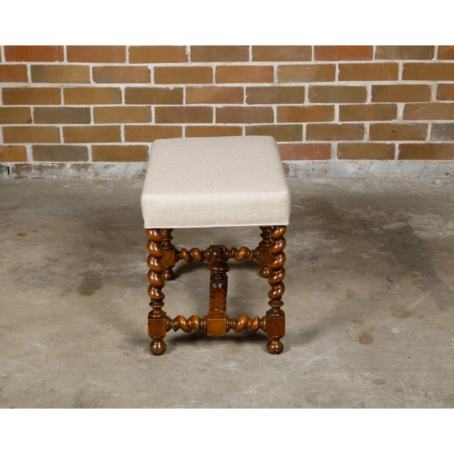 French 19th Century Barley Twist Stool with Finial and Custom Linen Upholstery For Sale In Atlanta - Image 6 of 12