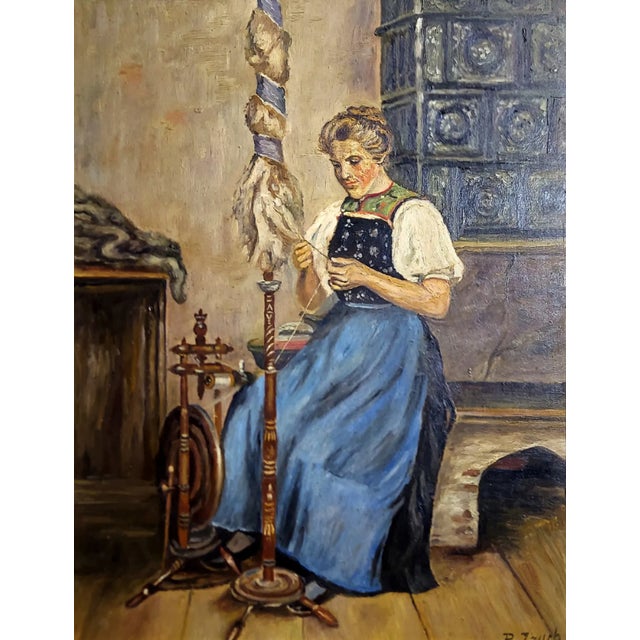 Woman Spinning Wool by R. Jauch, an evocative mid-20th-century oil on panel depicting a traditional interior scene with a...