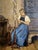 Woman Spinning Wool by R. Jauch, an evocative mid-20th-century oil on panel depicting a traditional interior scene with a...