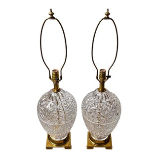 Vintage Cut Crystal & Brass Greek Key Table Lamps - a Pair For Sale