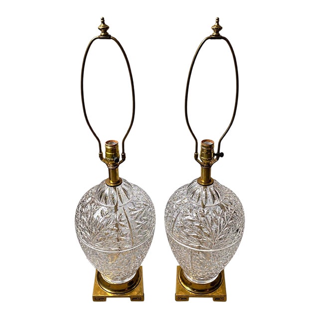 Vintage Cut Crystal & Brass Greek Key Table Lamps - a Pair For Sale