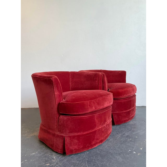 Vintage Custom Red Velvet Swivel Chairs - A Pair For Sale - Image 4 of 12