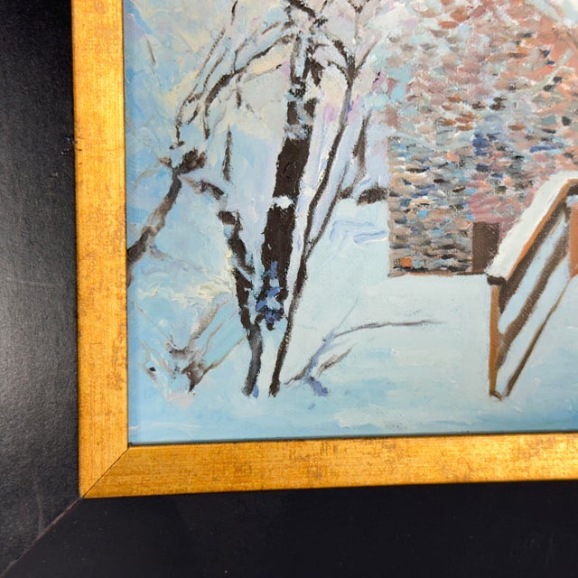 Paint Ben Marcune Signed Oil Painting, Snowy Stone Building & Railing Winter Scene, Framed For Sale - Image 7 of 12