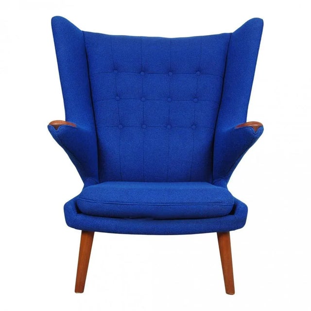 Blue Fabric and Teak Papa Bear Chair by Hans J. Wegner, 1970s For Sale - Image 9 of 9