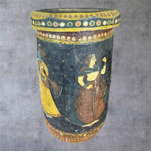 Vintage Indian Hand Painted Wooden Box Krishna Gopi Folk Art Lidded Canister Jar⁠ For Sale - Image 4 of 10