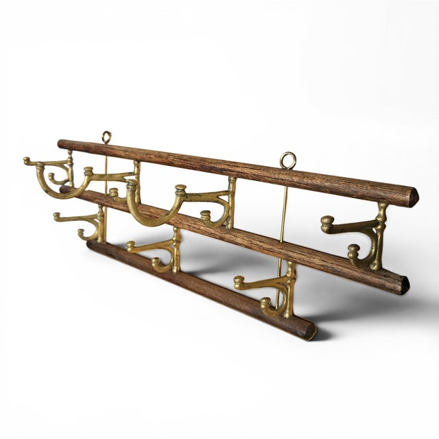 Wood Antique French Brass and Oak Expandable Bistro Coat Rack For Sale - Image 7 of 12