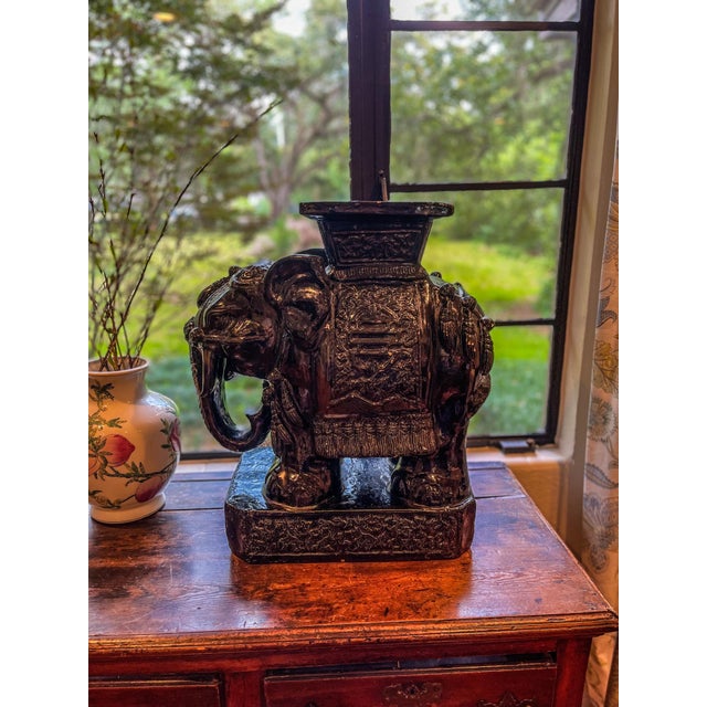 Boho Chic Vintage Large Ceramic Elephant Garden Stools in a Graphite Gloss Glaze - A Pair For Sale - Image 3 of 8