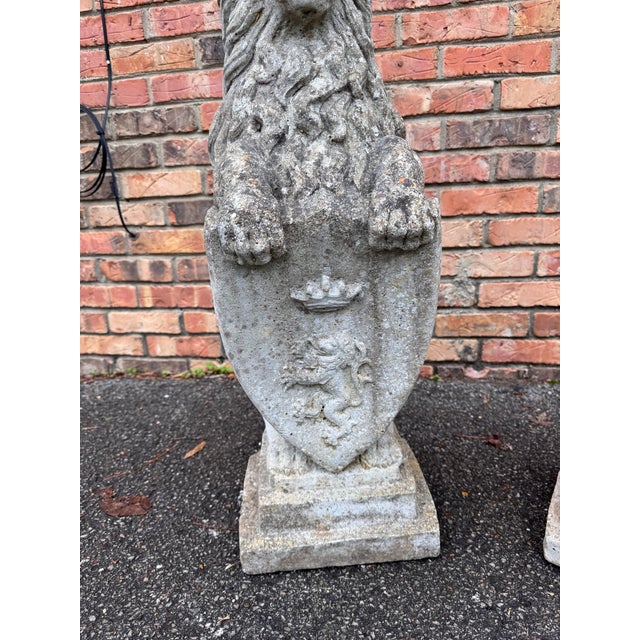 Vintage Pair English Cast Stone Lions With Heraldic Shield Statues For Sale - Image 4 of 10