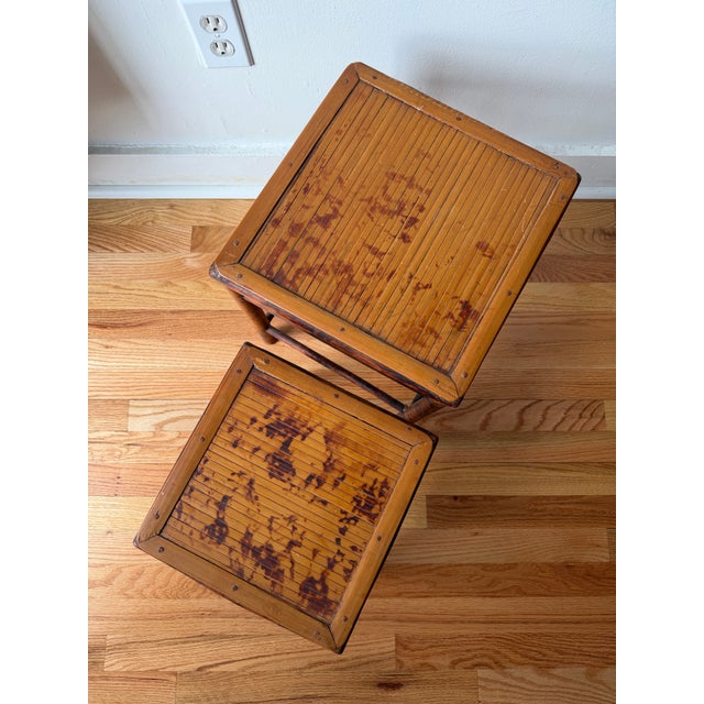 Vintage Burnt Bamboo Nesting Pair Side Tables For Sale In Boston - Image 6 of 7