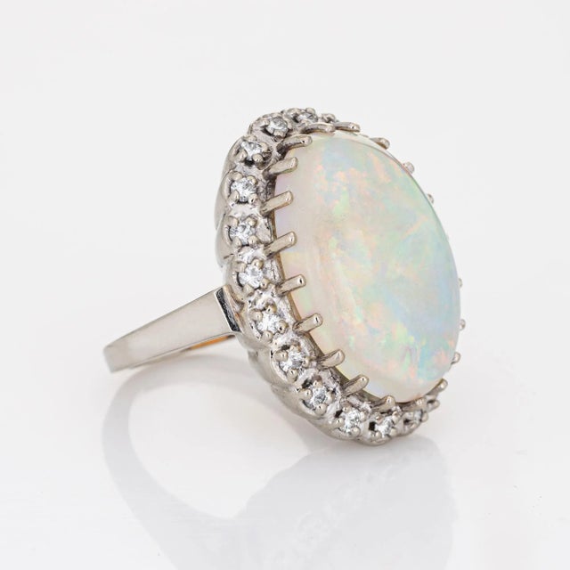 Modern Vintage 14.50ct Natural Opal Diamond Ring 14k White Gold Large Oval Cocktail 5 size 5 For Sale - Image 3 of 7