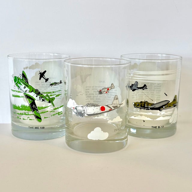 World War II Wwii Planes B-25, Spitfire, Me-109, Zero, B-17, Curtis P-40, Double Old Fashion Lowball Glasses Set of 6 Mid Century Modern For Sale In Phoenix - Image 6 of 14
