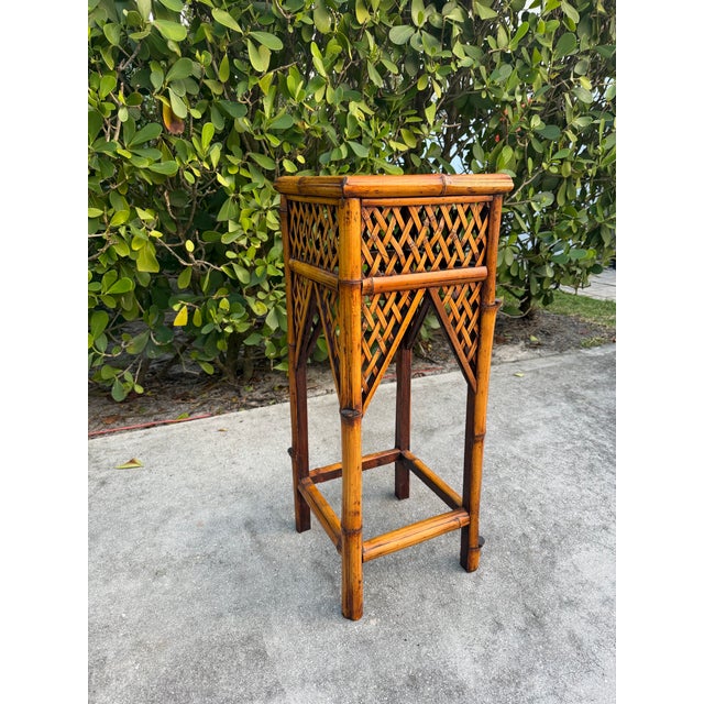 Vintage 34” Burnt Split Bamboo & Woven Rattan Pedestal Plant Stand For Sale In Naples, FL - Image 6 of 8